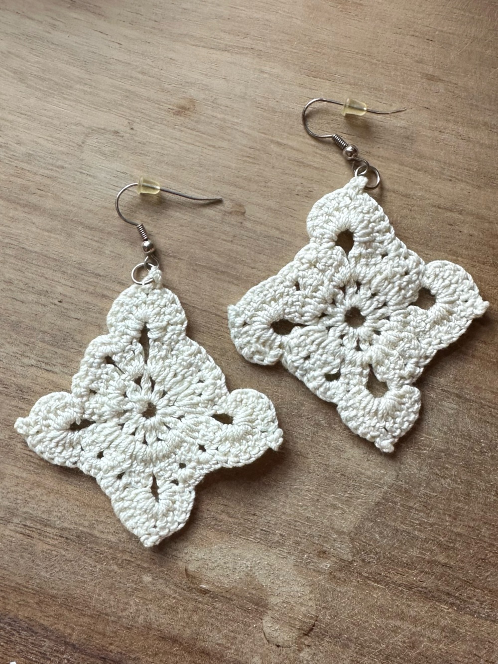 Handmade Crochet Floral Drop Earrings - Cream
